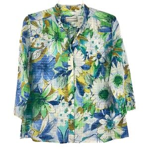 Blue & Green Floral Print Mandarin Collar Button Front Long Sleeve Cotton Blouse